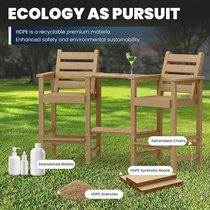PLUUV Tall Adirondack Chairs Set of 2, All Weather HDPE Poly Bar Height Balcony Adirondack Chair with Removable Double Connecting Trays, Outdoor Adirondack Barstools for Deck, Patio, Yard, Pool, Lawn