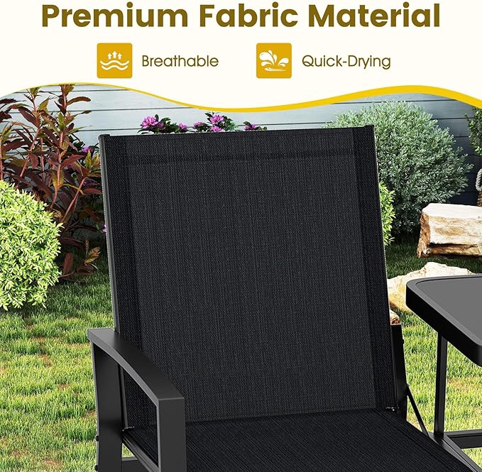Tangkula Patio Loveseat with Built-in Table, 2-Seat Small Balcony Furniture with Breathable Fabric, Heavy Duty Metal Frame, Tempered Glass Tabletop, Outdoor Seating Bench for Porch Backyard Garden