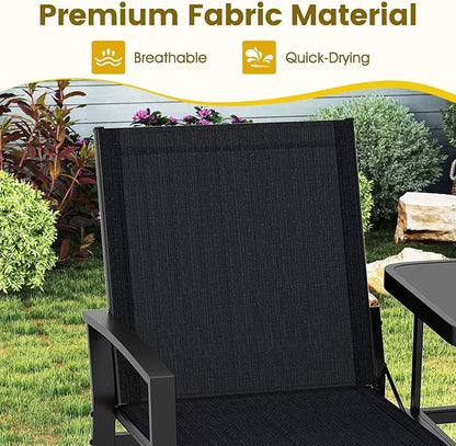 Tangkula Patio Loveseat with Built-in Table, 2-Seat Small Balcony Furniture with Breathable Fabric, Heavy Duty Metal Frame, Tempered Glass Tabletop, Outdoor Seating Bench for Porch Backyard Garden