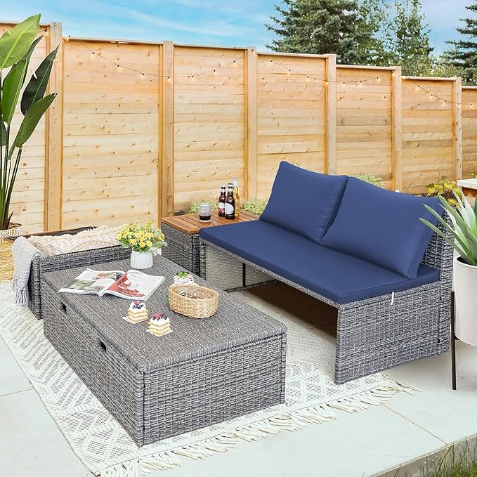 Devoko Patio Day Bed Outdoor Daybed Set Multifunctional Rattan Lounge Bed with 2 Side Tables for Backyard Porch - Photo 4