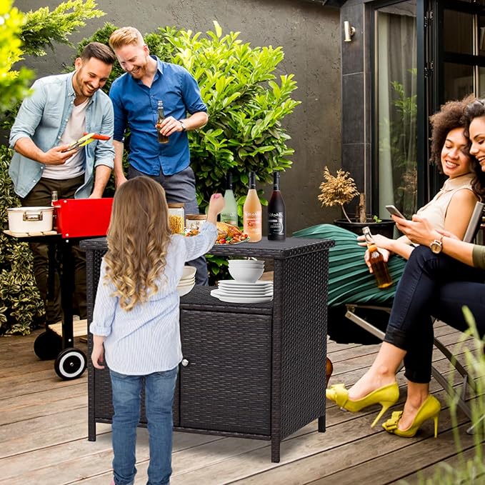 Kinfant Outdoor Wicker Storage Cabinet, Patio Bar Table with Two Doors and Shelves, Weatherproof Wicker Storage Console Table for Outdoor Sofas, Patio Pool Garden Kitchen (Brownish Black)