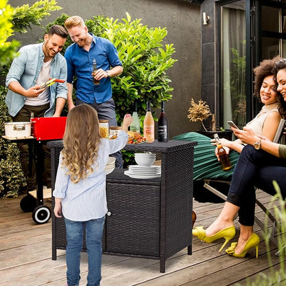 Kinfant Outdoor Wicker Storage Cabinet, Patio Bar Table with Two Doors and Shelves, Weatherproof Wicker Storage Console Table for Outdoor Sofas, Patio Pool Garden Kitchen (Brownish Black)