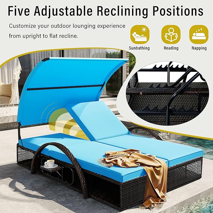 Outdoor Double Chaise Lounge with Adjustable Backrest and Sun Canopy - Photo 5
