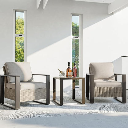 3 Piece Patio Chair Set, Outdoor Wicker Chair and Side Table, Metal Patio Furniture with Deep Seating, Thicken Cushions for Deck, Porch, Yard Use (Beige, 3 PCS/Chairs)