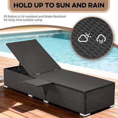 Outdoor Chaise Lounge with Adjustable Backrest Set of 4, 6-Position Reclining Lounger Pool Chair, Thick 3-Inch Cushion & Side Tray, All-Weather PE Wicker for Outdoor, Backyard, Deck (Gray)