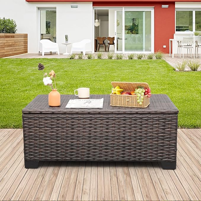 Rattaner Outdoor Table Patio Furniture All-Weather Patio Table Wicker Coffee Table with Storage and Furniture Cover - Photo 2