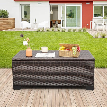 Rattaner Outdoor Table Patio Furniture All-Weather Patio Table Wicker Coffee Table with Storage and Furniture Cover, Dark Brown