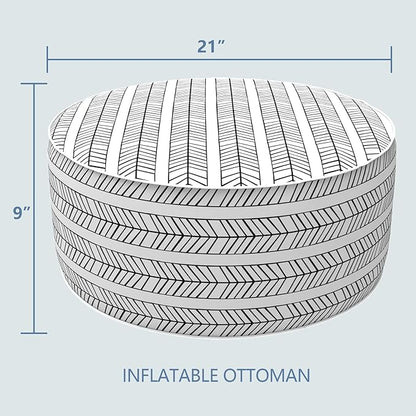 LVTXIII Indoor/Outdoor Inflatable Ottoman with Handle D21 x H9 Inch, Weather-Resistant Round Footstool Pouf for Patio Camping Living Room, Portable Footrest Extra Seating, Herringbone Black White
