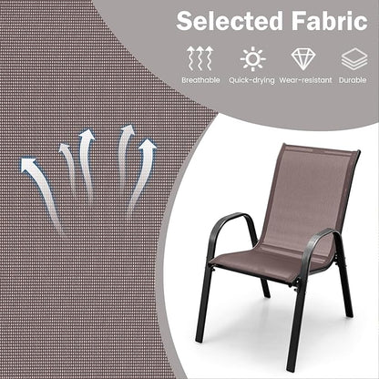 COSTWAY Patio Dining Chairs Set of 4, Stackable Outdoor Chairs with Armrest and High Back, Breathable Fabric & Metal Frame Chair for Garden Poolside Backyard Deck (Brown)