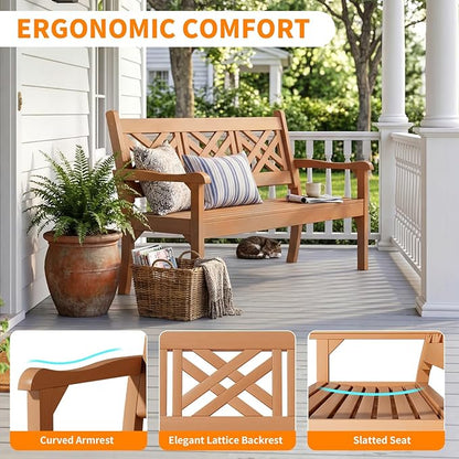 Psilvam 54''W All-Weather Poly Lumber Outdoor Bench, 3-Person Garden Bench with Decorative Backrest & Curved Armrests, Anti-Rot & Fade-Free Patio Bench for Porch, Backyard(Teak Color)