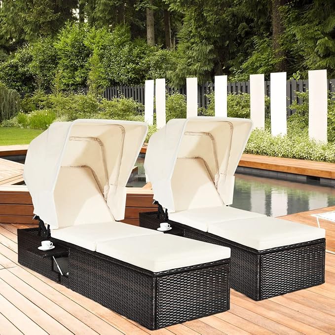 RELAX4LIFE Rattan Chaise Lounge Chair - PE Wicker Reclining Lounger with 5-Position Adjustable Backrest, Retractable Canopy, Side Table & Cushions, Sun Lounger for Garden, Porch & Beach (2, White)