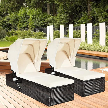 RELAX4LIFE Rattan Chaise Lounge Chair - PE Wicker Reclining Lounger with 5-Position Adjustable Backrest, Retractable Canopy, Side Table & Cushions, Sun Lounger for Garden, Porch & Beach (2, White)
