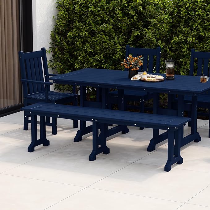 WestinTrends Malibu 65" Outdoor Dining Bench, All Weather Resistant Poly Lumber Patio Garden Bench Trestle Long Bench for Both Outdoor and Indoor, Navy Blue
