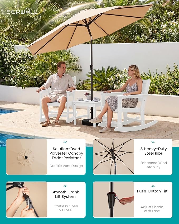SERWALL Outdoor Rocking Chairs Set of 2 with 1 Side Table & 9ft Patio Umbrella - Photo 3