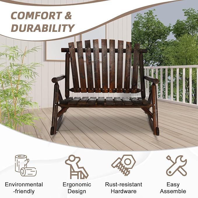 Outdoor Double Wooden Rocking Bench, Adirondack Porch Rocker Chair for 2 Persons, Patio Rustic Log Rocker Loveseat with High Slatted Seat & Backrest for Deck, Backyard, Garden, Carbonized