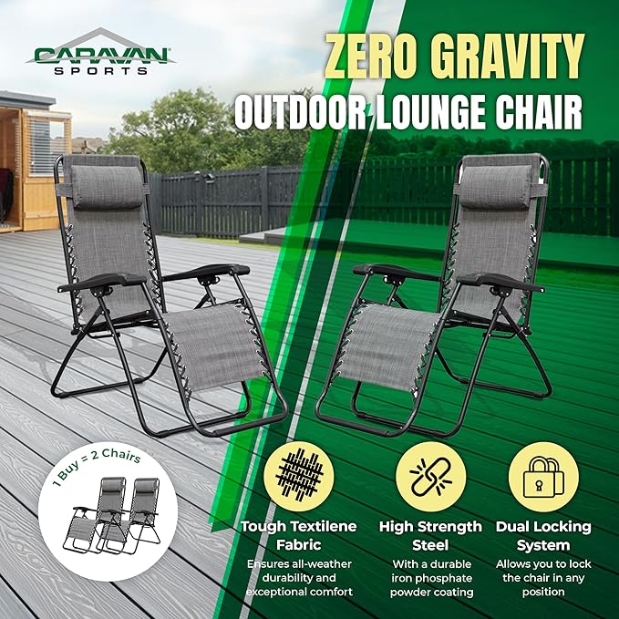 Caravan Canopy Infinity Zero Gravity Steel Frame Patio Deck Chair, Grey (Pair)