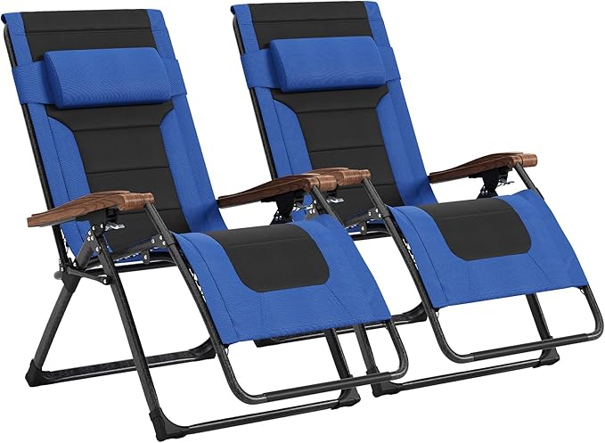 PURPLE LEAF Oversized Outdoor Reclining Chair Set of 2 Patio Zero Gravity Chaise Lounge Folding Chair with Quilted Cushion Adjustable Headrest for Lawn Camping Beach Pool Navy Blue and Black