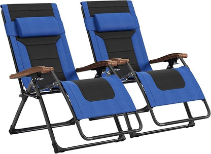 PURPLE LEAF Oversized Outdoor Reclining Chair Set of 2 Patio Zero Gravity Chaise Lounge Folding Chair with Quilted Cushion Adjustable Headrest for Lawn Camping Beach Pool Navy Blue and Black