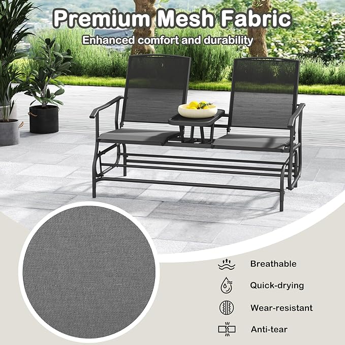 Tangkula 2 Person Swing Glider Chair, Patio Rocking Loveseat w/Center Tempered Glass Table - Photo 8
