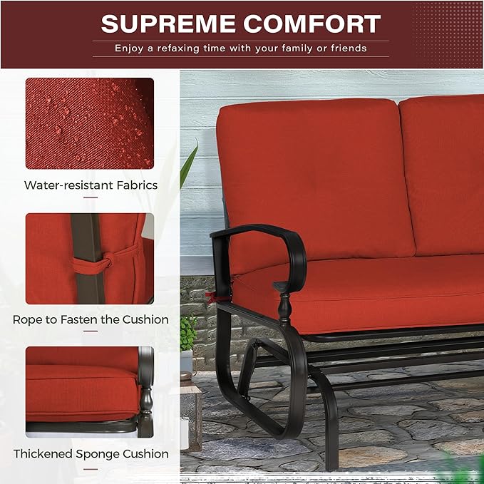 Crownland Outdoor Patio Glider Chair, Rocking Glider Bench for 2 Person, Porch Furniture Loveseat Seating, Wrought Iron Patio Textilene Gliders for Outside, Porch, Garden(Classic Red)