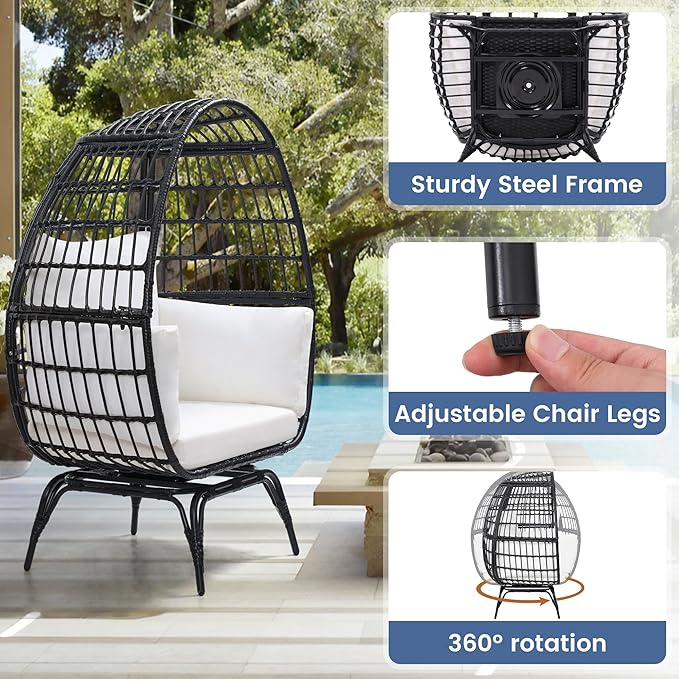Oversized 360° Swivel Rattan Egg Chair for Adult, Indoor Outdoor Patio Large Wicker Egg Chair with Overstuffed Cushions, 440lb Weight Capacity, Black Rattan with Beige Cushion