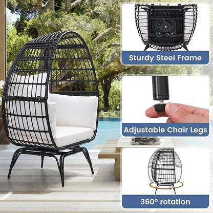 Oversized 360° Swivel Rattan Egg Chair for Adult, Indoor Outdoor Patio Large Wicker Egg Chair with Overstuffed Cushions, 440lb Weight Capacity, Black Rattan with Beige Cushion