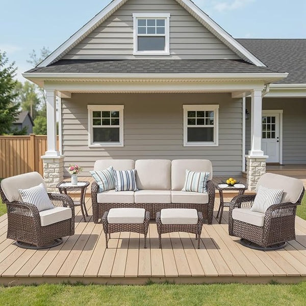 7 Pieces Outdoor Furniture Set Swivel Chairs, All Weather Wicker 3 Seater Sofa with Ottomans Rattan Side Table - Photo 1