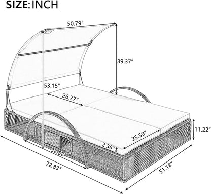 Outdoor Double Chaise Lounge with Adjustable Backrest and Sun Canopy, All Weather Patio Recliner Chair Sunbed with Hidden Side Table, Steel Frame and Cushions for Poolside Garden (Gray-3.25)