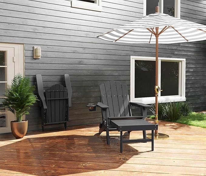 FOOWIN Adjustable Adirondack Chair with Retractable Ottoman Set of 2, Folding Adirondack Chair with Cup Holder, HDPE All-Weather Fire Pit Chair for Patio, Yard, Poolside, Grey