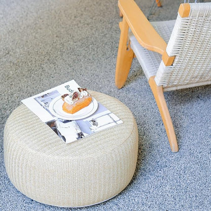 Woven Inflatable Ottoman with Air Pump D21”x H10” Outdoor Indoor Pouf Patio Footrest Stool with Portable Handle, Round Ottoman for Patio Garden, Camping, Bedroom, Living Room Natural Color