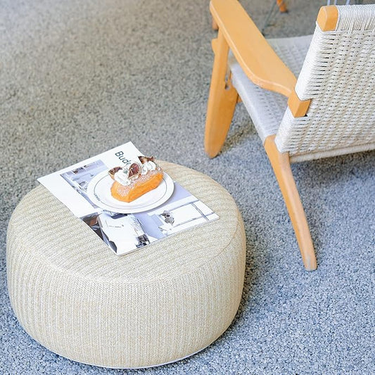 Woven Inflatable Ottoman with Air Pump D21”x H10” Outdoor Indoor Pouf Patio Footrest Stool with Portable Handle, Round Ottoman for Patio Garden, Camping, Bedroom, Living Room Natural Color