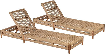 Christopher Knight Home Mercer Acacia Wood Chaise Lounge Chair Outdoor Set of 2, Poolside Sun Lounger Recliner with Wicker Seat, Patio Outdoor Chaise Lounge, Adjustable Backrest, Teak+Light Brown