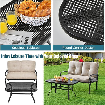 RELAX4LIFE Patio Loveseat with Coffee Table - 2-Piece Patio Conversation Sofa Set w/Backrest & Cushions, Modern Outdoor Glider Bench for Garden, Backyard, Poolside, Metal Porch Furniture (Beige)