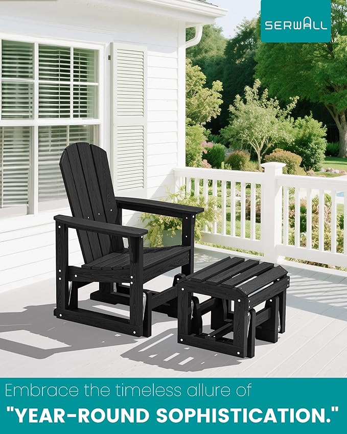 SERWALL Outdoor Glider Chair with Ottoman, HDPE Wood-Like Patio Glider Set All-Weather Porch Glider for Outside, Black - Photo 7