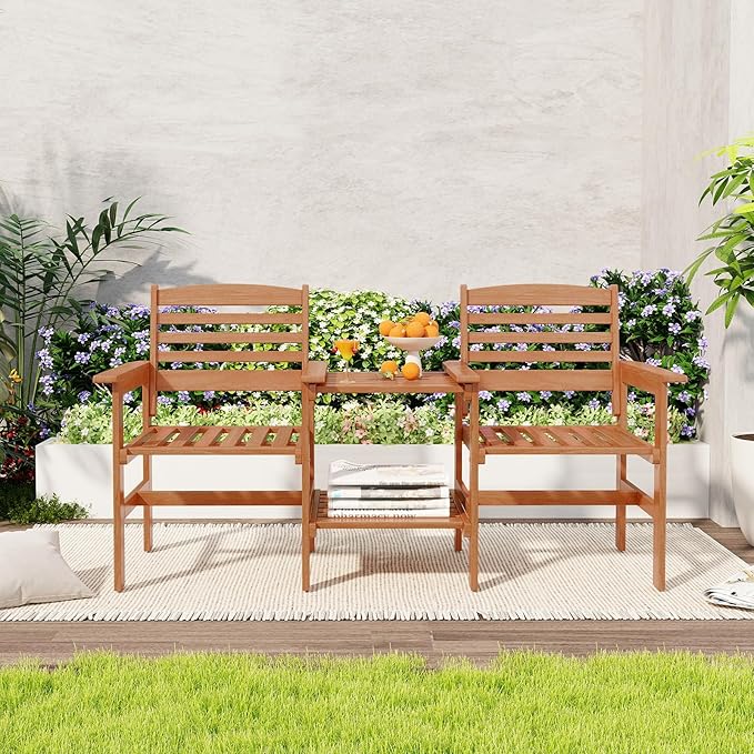 Tangkula Outdoor Patio Loveseat with Table, Wood 2-Seat Conversation Set with Coffee Table and Umbrella Hole - Photo 8