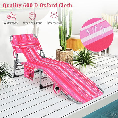 Goplus Tanning Chair, Folding Adjustable Patio Lounge Chair with Face Hole, Removable Pillow, 330LBS, Carry Strap, Outdoor Sunbathing Chair, Lightweight Portable Beach Lounge Chair, No Assembly