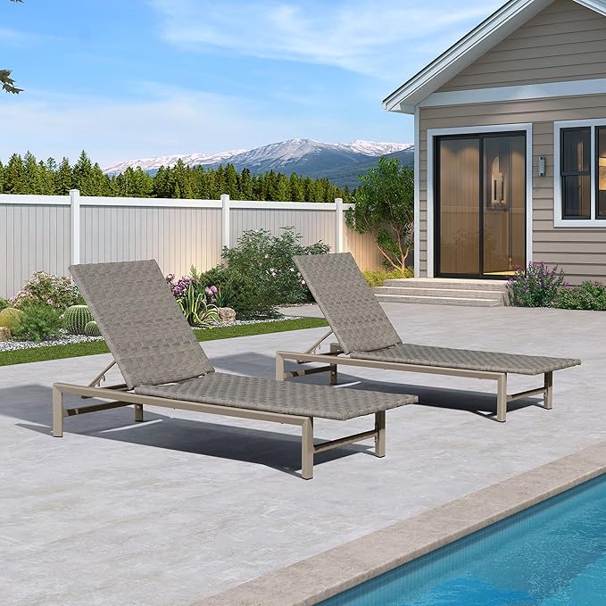 PURPLE LEAF Patio Chaise Lounge Rattan Chair Outdoor Pool Adjustable Recliner Wicker Lounger for Outside Woven Furniture Tanning Poolside Lounger Slate Gray