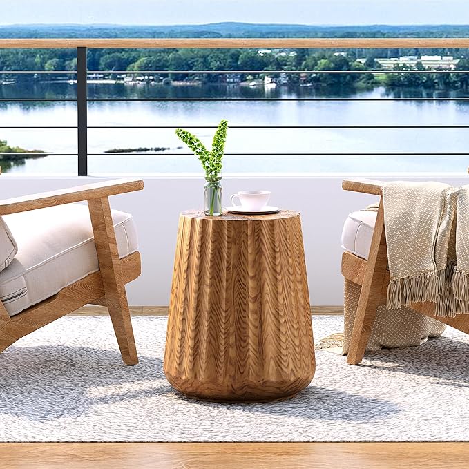 COSIEST Wooden Outdoor Side Table, Round MgO Concrete End Patio Side Table, Lightweight Cylinder Top Plant Stand with Rotund Base for Garden and Deck