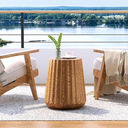 COSIEST Wooden Outdoor Side Table, Round MgO Concrete End Patio Side Table, Lightweight Cylinder Top Plant Stand with Rotund Base for Garden and Deck