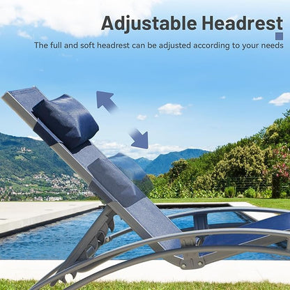 Outdoor Chaise Lounge Set of 2, Aluminum Patio Outdoor Lounge Chair for Beach Pool Sunbathing, Lawn Lounger Recliner Chair with 5 Adjustable Position, Outside Tanning Chairs with Armrest, Blue