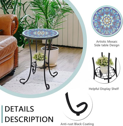 VCUTEKA Outdoor Side Table Mosaic Patio Table Accent Tables Mosaic Tile Top Metal Frame Small End Tables Porch Beach Patio Garden Balcony Peacock Feather 14''