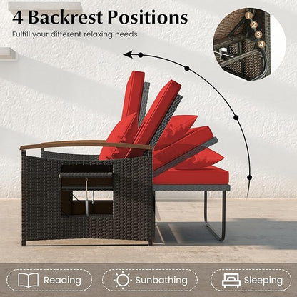 LDAILY Moccha Outdoor Wicker Daybed, Patio Rattan Loveseat Sofa w/ 4-Level Adjustable Backrest, Folding Panels, Storage Ottoman & Cushions, Lounge Furniture Set for Poolside Backyard Porch (Red)