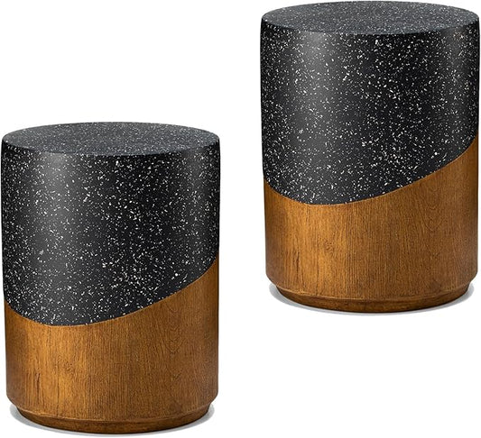 Giltzhome 17.25" H Decorative Garden Stool Set of 2, Faux Terrazzo End Table Planter Stand Accent Table for Garden Patio Lawn Home Indoor Outdoor, Black