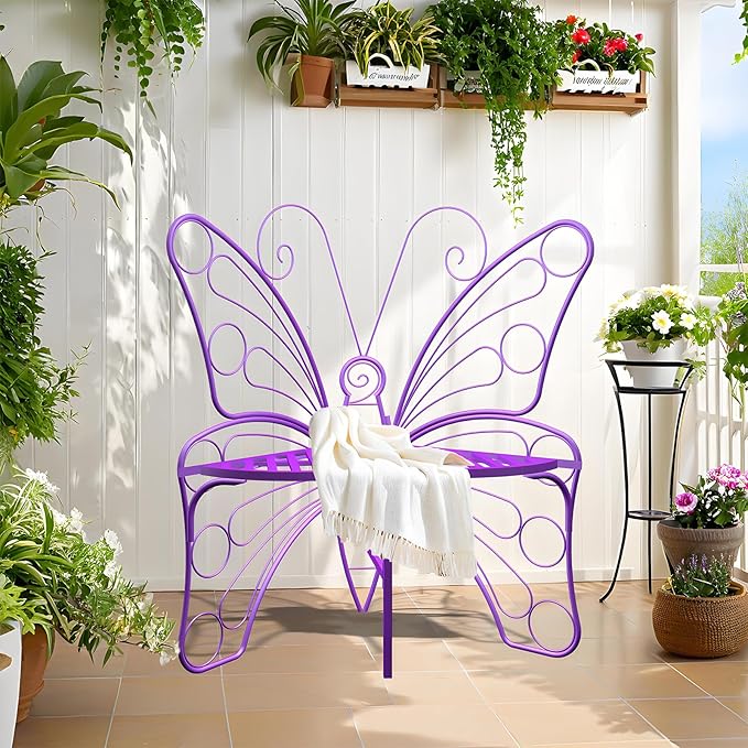 Butterfly Shaped Outdoor Bench, Purple Garden Bench with Sturdy Stable Metal Frame, Outdoor Metal Chair Butterfly Bench for Garden, Yard, Balcony, Lawn(Purple/Small).