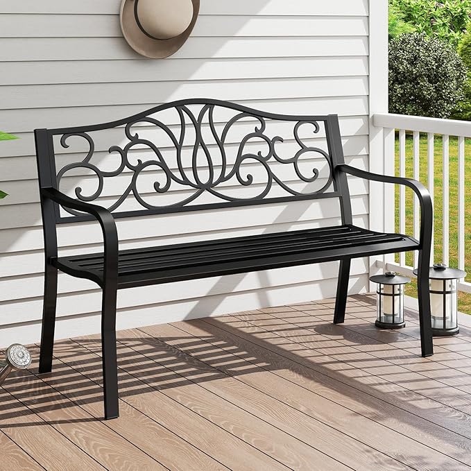 Giantex 50 Inches Outdoor Bench with Floral Pattern, Ergonomic Backrest & Slatted Surface, Metal Frame, 660lbs Capacity, 2-3 People Loveseat, Patio Bench for Park, Garden, Yard, Porch, Outside, Black
