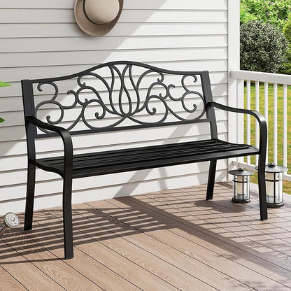 Giantex 50 Inches Outdoor Bench with Floral Pattern, Ergonomic Backrest & Slatted Surface, Metal Frame, 660lbs Capacity, 2-3 People Loveseat, Patio Bench for Park, Garden, Yard, Porch, Outside, Black