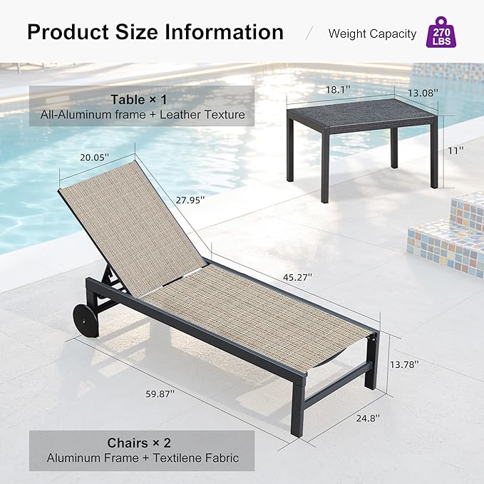PURPLE LEAF Chaise Lounge Chair with Wheels for Outside 4 Pieces Aluminum Outdoor Lounge Chairs with 5 Adjustable Position Recliner for Patio Beach Yard Pool Side Table Included Camel
