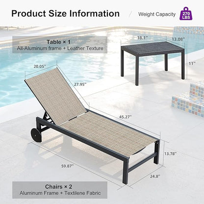 PURPLE LEAF Chaise Lounge Chair with Wheels for Outside 4 Pieces Aluminum Outdoor Lounge Chairs with 5 Adjustable Position Recliner for Patio Beach Yard Pool Side Table Included Camel