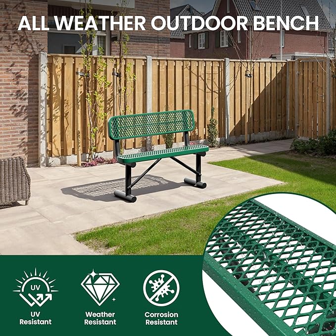 4 Feet Heavy Duty Metal Park Bench for Outside, Outdoor Bench with Backrest & Portable Frame, Commercial Benches for Shopping Malls, Stores, Parks, Patios, Decks, Green