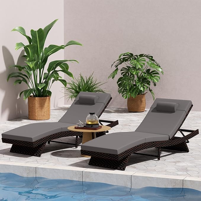 Outdoor Lounge Chairs Set of 2,Wicker Chaise Lounge Chair Pool Chaise Lounge,Patio Lounge Chair with Adjustable Backrest Arm Cushion for Poolside